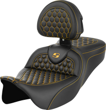 SADDLEMEN RoadSofa™ Seat - Honeycomb - Gold Stitch - with Backrest - FLH/FLT '08-'23 808-07B-189B7