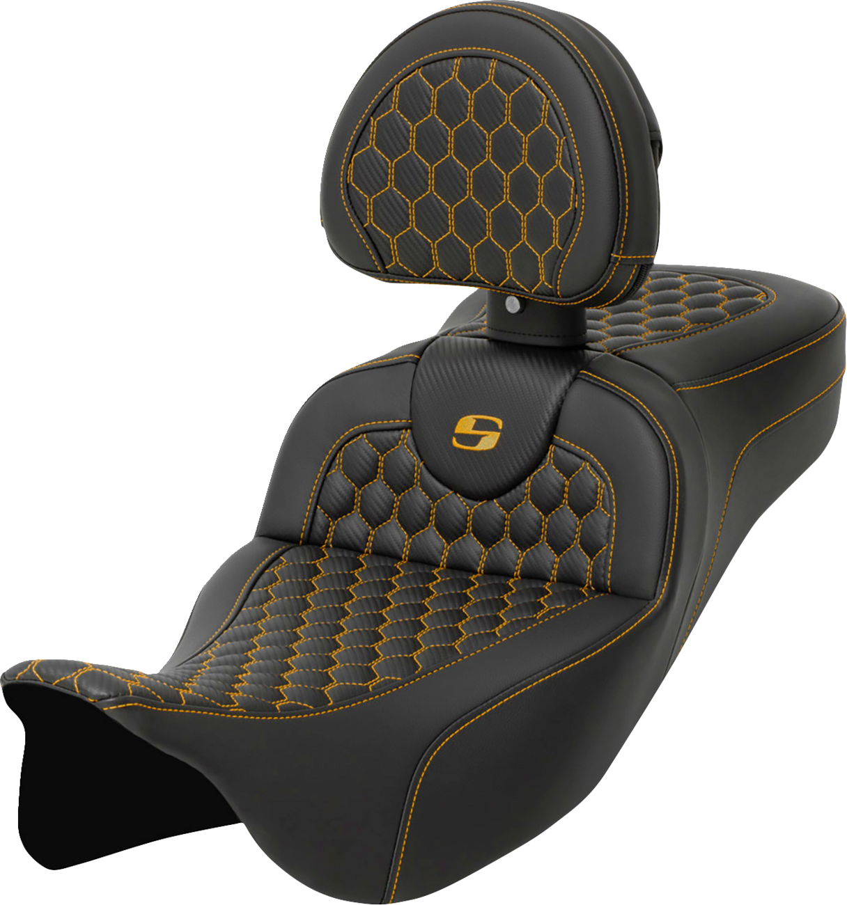 SADDLEMEN RoadSofa™ Seat - Honeycomb - Gold Stitch - with Backrest - Extended Reach - FLH/FLT '08-'24 808-07B-190B7