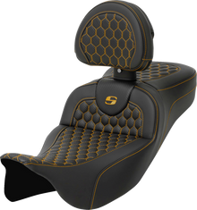 SADDLEMEN RoadSofa™ Seat - Honeycomb - Gold Stitch - with Backrest - Extended Reach - FLH/FLT '08-'24 808-07B-190B7