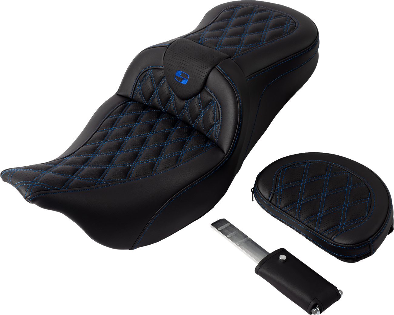 SADDLEMEN Roadsofa™ Seat - with Backrest - Blue Stitch - FL '08-'23 808-07B-182B1