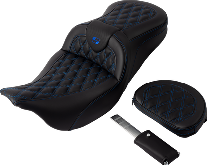 SADDLEMEN Roadsofa™ Seat - with Backrest - Blue Stitch - FL '08-'23 808-07B-182B1