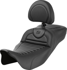SADDLEMEN Roadsofa™ Extended Reach Seat - with Backrest - Tuck-n-Roll - Carbon Fiber - FLH/FLT '08-'24 808-07B-205B0