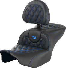 SADDLEMEN RoadSofa™ Seat - with Backrest - Lattice Stitch - Blue Stitch - FLTR/FLHX '23-'24 823-07-182B1