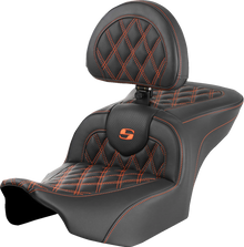 SADDLEMEN RoadSofa™ Seat - with Backrest - Lattice Stitch - Orange Stitch - FLTR/FLHX '23-'24 823-07-182B3