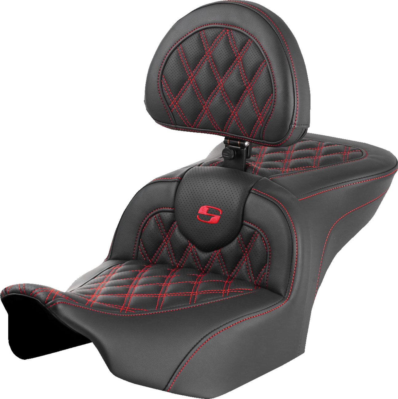 SADDLEMEN RoadSofa™ Seat - with Backrest - Lattice Stitch - Red Stitch - FLTR/FLHX '23-'24 823-07-182B4