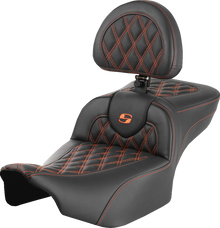 SADDLEMEN Roadsofa™ Extended Reach Seat - with Backrest - Lattice Stitch - Orange Stitch - FLTR/FLHX '23-'24 823-07-184B3
