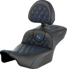 SADDLEMEN Roadsofa™ Extended Reach Seat - with Backrest - Lattice Stitch - Blue Stitch - FLTR/FLHX '23-'24 823-07-184B1