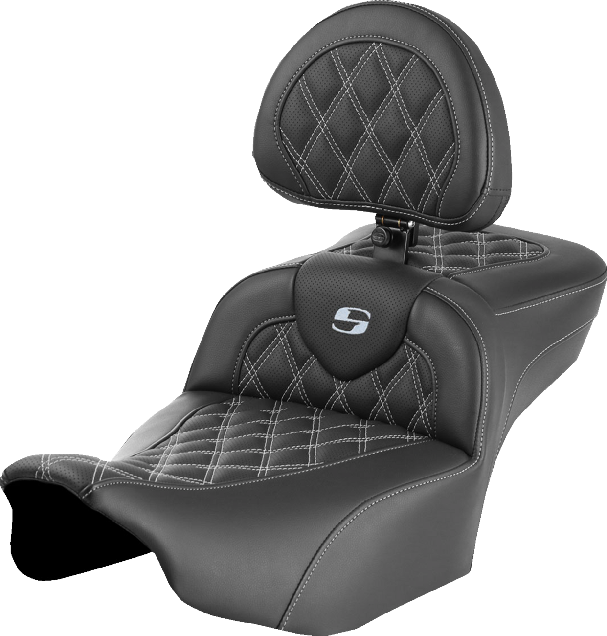 SADDLEMEN Roadsofa™ Extended Reach Seat - with Backrest - Lattice Stitch - Silver Stitch - FLTR/FLHX '23-'24 823-07-184B5
