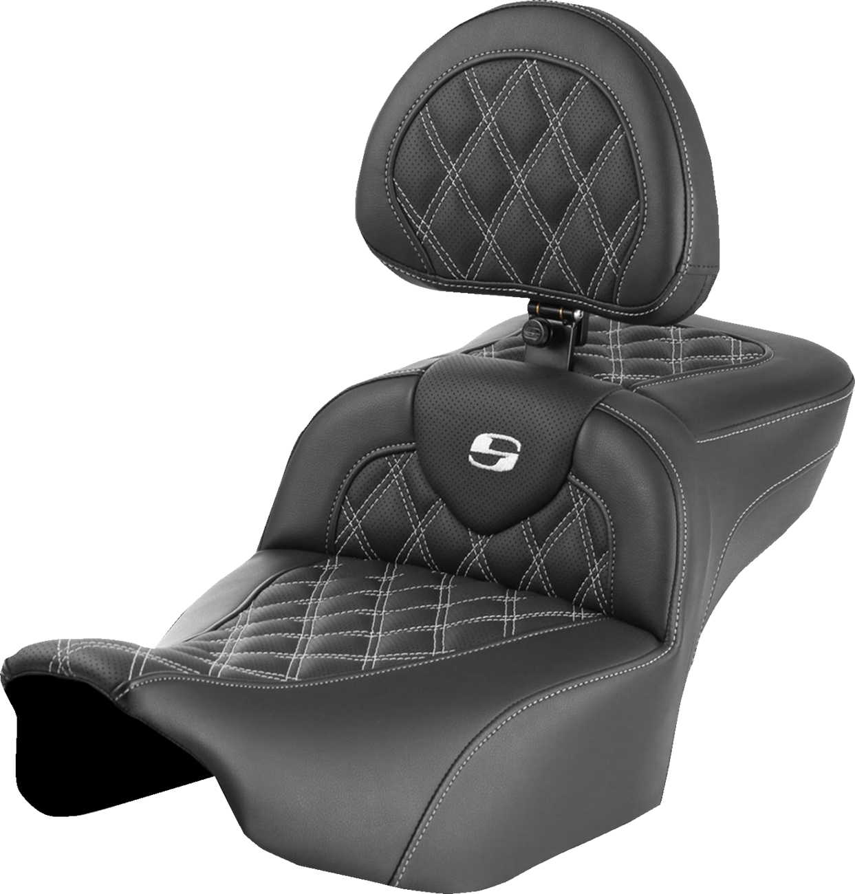 SADDLEMEN Roadsofa™ Extended Reach Seat - with Backrest - Lattice Stitch - White Stitch - FLTR/FLHX '23-'24 823-07-184B6