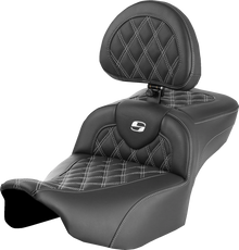 SADDLEMEN Roadsofa™ Extended Reach Seat - with Backrest - Lattice Stitch - White Stitch - FLTR/FLHX '23-'24 823-07-184B6