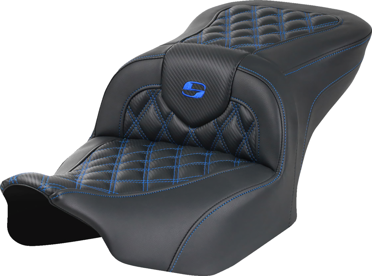 SADDLEMEN RoadSofa™ Seat - without Backrest - Carbon Fiber - Lattice Stitch - Blue Stitch - FLTR/FLHX '23-'24 823-07-20601