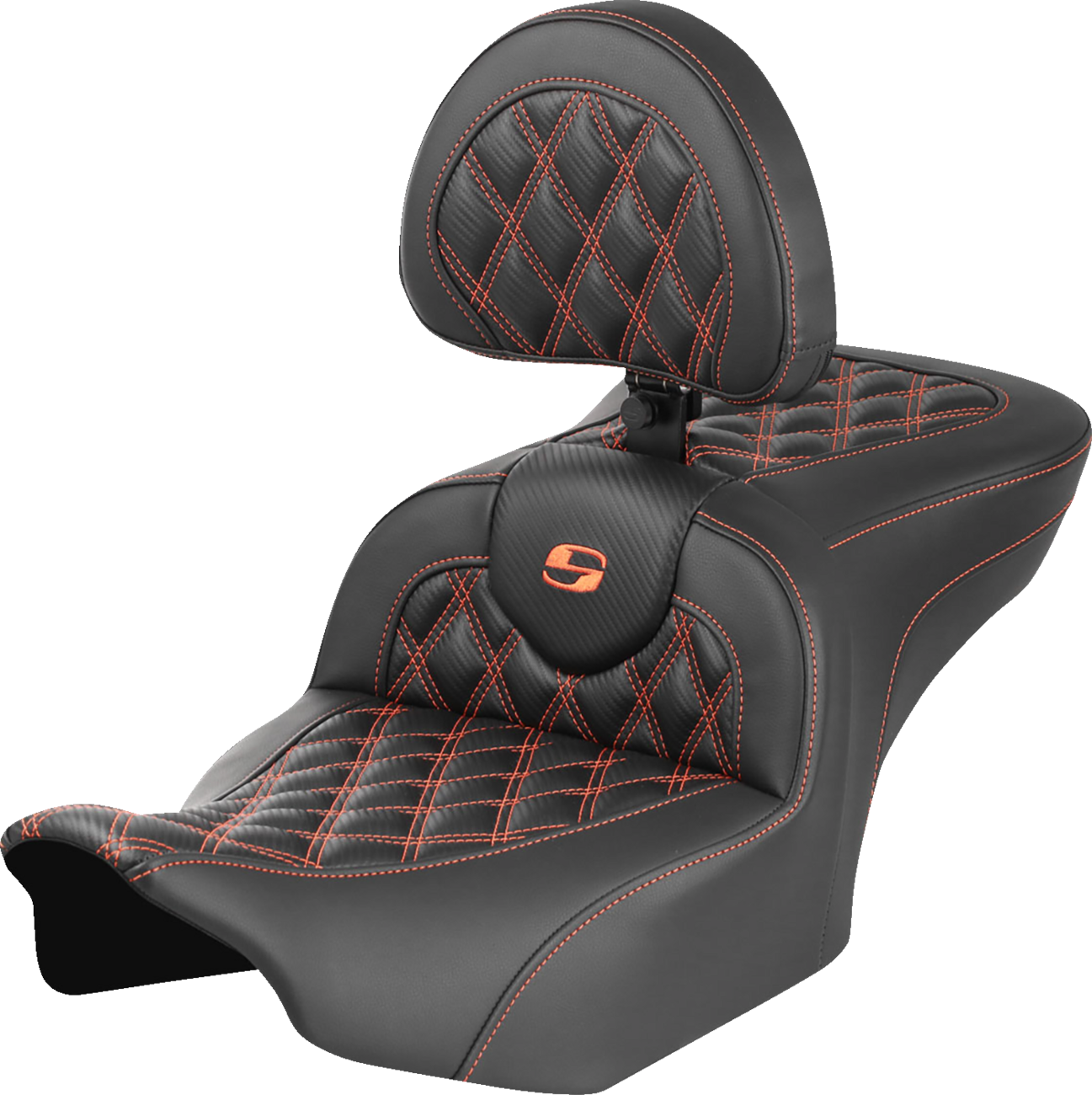 SADDLEMEN RoadSofa™ Seat - with Backrest - Carbon Fiber - Lattice Stitch - Orange Stitch - FLTR/FLHX '23-'24 823-07-206B3
