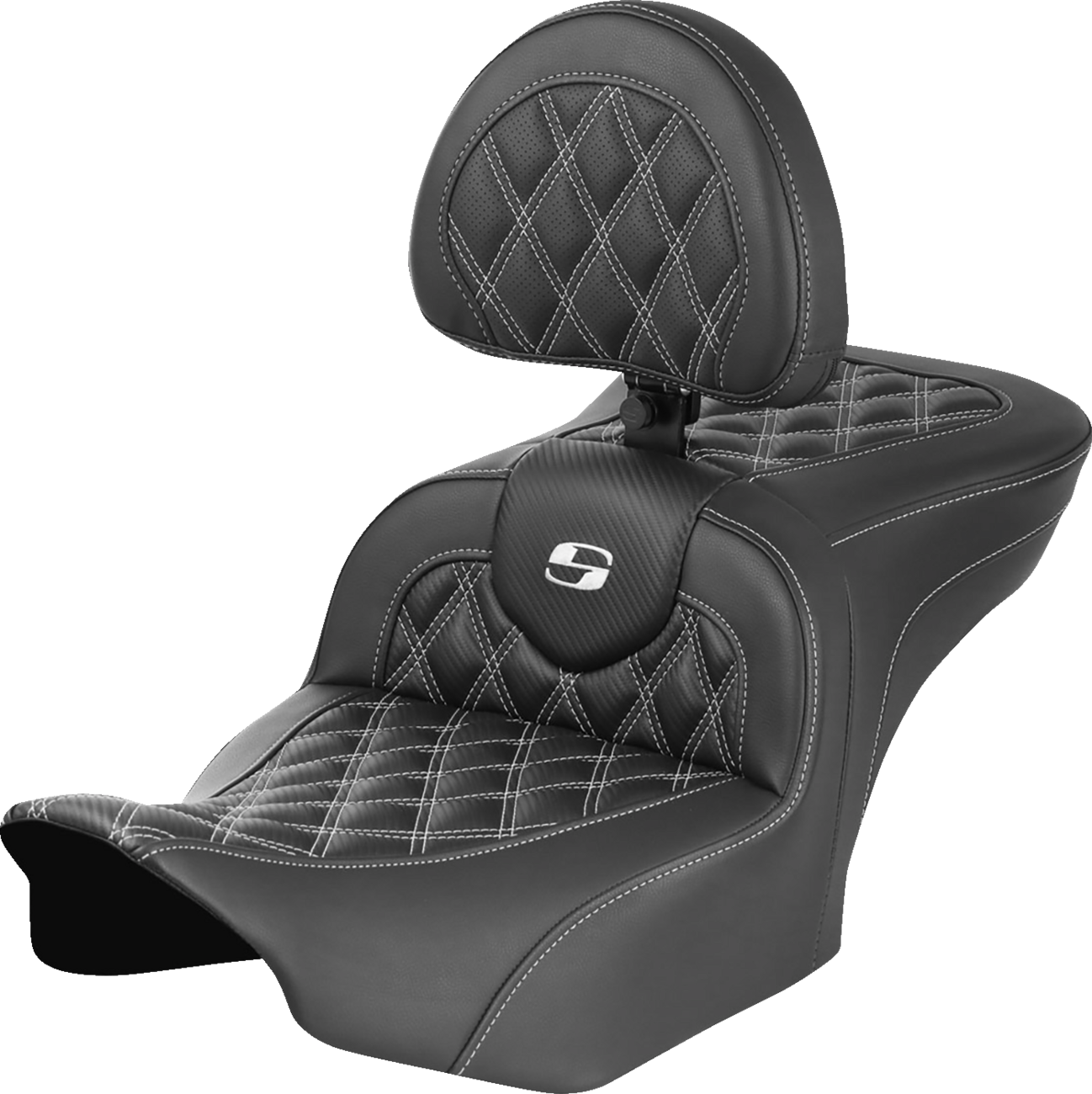 SADDLEMEN RoadSofa™ Seat - with Backrest - Carbon Fiber - Lattice Stitch - White Stitch - FLTR/FLHX '23-'24 823-07-206B6