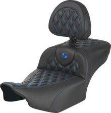 SADDLEMEN Roadsofa™ Extended Reach Seat - with Backrest - Lattice Stitch - Blue Stitch - FLTR/FLHX '23-'24 823-07-207B1