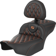 SADDLEMEN Roadsofa™ Extended Reach Seat - with Backrest - Lattice Stitch - Orange Stitch - FLTR/FLHX '23-'24 823-07-207B3