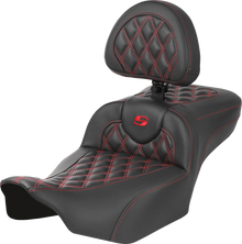 SADDLEMEN Roadsofa™ Extended Reach Seat - with Backrest - Lattice Stitch - Red Stitch - FLTR/FLHX '23-'24 823-07-207B4