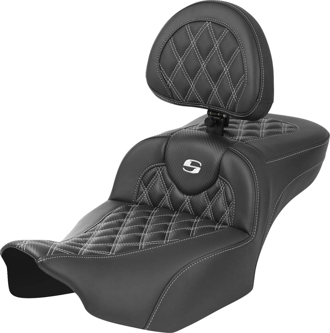 SADDLEMEN Roadsofa™ Extended Reach Seat - with Backrest - Lattice Stitch - White Stitch - FLTR/FLHX '23-'24 823-07-207B6