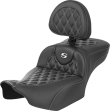 SADDLEMEN Roadsofa™ Extended Reach Seat - with Backrest - Lattice Stitch - White Stitch - FLTR/FLHX '23-'24 823-07-207B6