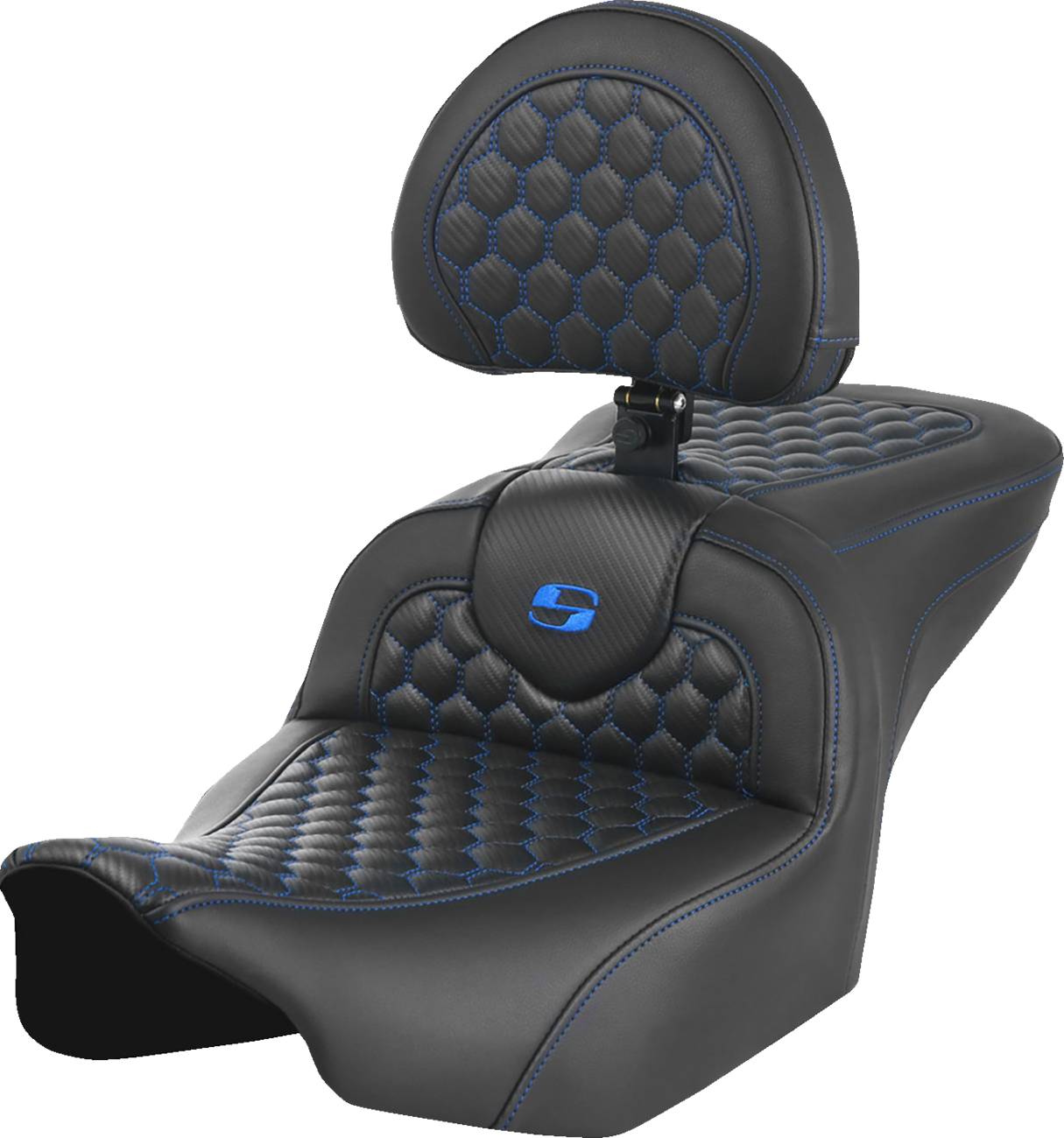 SADDLEMEN Roadsofa™ Seat - with Backrest - Honeycomb - Blue Stitch - FLTR/FLHX '23-'24 823-07-189B1