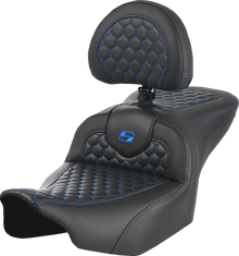 SADDLEMEN Roadsofa™ Seat - with Backrest - Honeycomb - Blue Stitch - FLTR/FLHX '23-'24 823-07-189B1