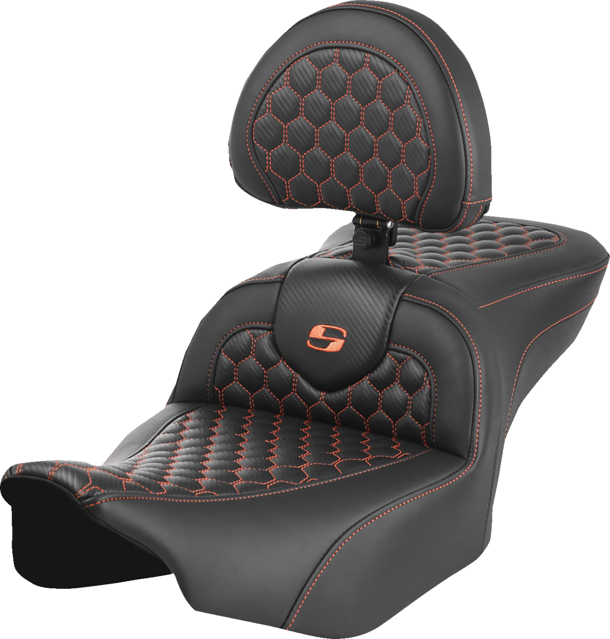 SADDLEMEN Roadsofa™ Seat - with Backrest - Honeycomb - Orange Stitch - FLTR/FLHX '23-'24 823-07-189B3