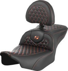SADDLEMEN Roadsofa™ Seat - with Backrest - Honeycomb - Orange Stitch - FLTR/FLHX '23-'24 823-07-189B3