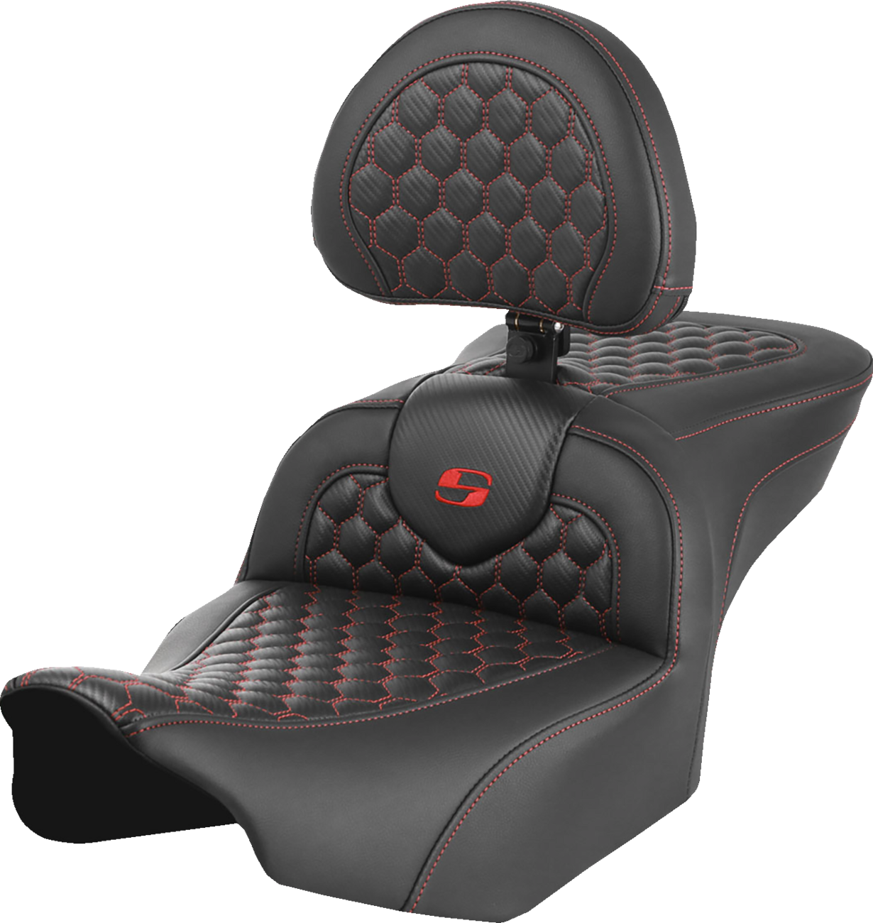 SADDLEMEN Roadsofa™ Seat - with Backrest - Honeycomb - Red Stitch - FLTR/FLHX '23-'24 823-07-189B4