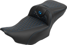 SADDLEMEN Roadsofa™ Extended Reach Seat - with Backrest - Honeycomb - Blue Stitch - FLTR/FLHX '23-'24 823-07-190B1