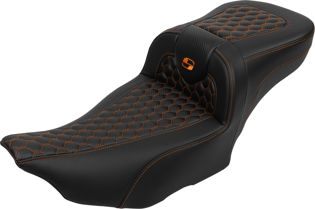 SADDLEMEN Roadsofa™ Extended Reach Seat - with Backrest - Honeycomb - Orange Stitch - FLTR/FLHX '23-'24 823-07-190B3