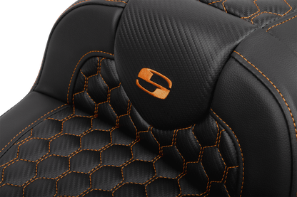 SADDLEMEN Roadsofa™ Extended Reach Seat - with Backrest - Honeycomb - Orange Stitch - FLTR/FLHX '23-'24 823-07-190B3