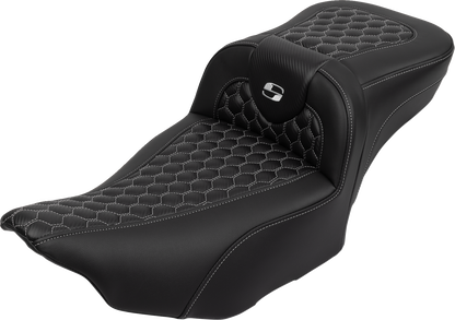 SADDLEMEN Roadsofa™ Extended Reach Seat - with Backrest - Honeycomb - Silver Stitch - FLTR/FLHX '23-'24 823-07-190B5