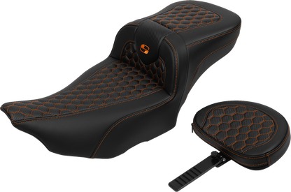 SADDLEMEN Roadsofa™ Extended Reach Seat - with Backrest - Honeycomb - Orange Stitch - FLTR/FLHX '23-'24 823-07-190B3