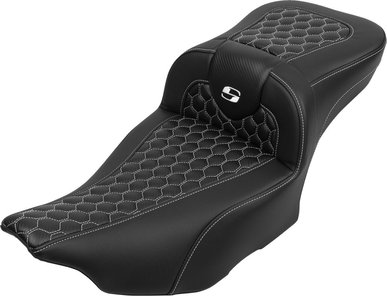 SADDLEMEN Roadsofa™ Extended Reach Seat - with Backrest - Honeycomb - White Stitch - FLTR/FLHX '23-'24 823-07-190B6
