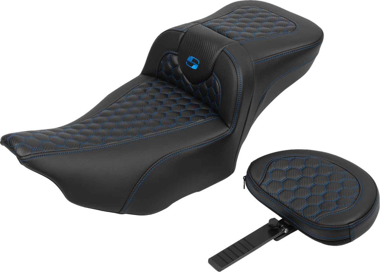 SADDLEMEN Roadsofa™ Extended Reach Seat - with Backrest - Honeycomb - Blue Stitch - FLTR/FLHX '23-'24 823-07-190B1
