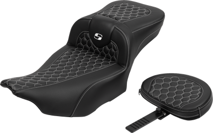 SADDLEMEN Roadsofa™ Extended Reach Seat - with Backrest - Honeycomb - White Stitch - FLTR/FLHX '23-'24 823-07-190B6