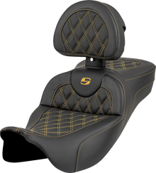 SADDLEMEN Roadsofa™ Extended Reach Seat - Lattice Stitch - Gold Stitch - with Backrest - FL '08-'23 808-07B-184B7