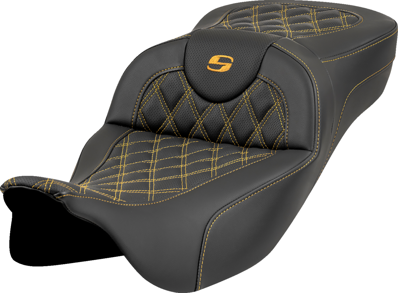 SADDLEMEN Roadsofa™ Extended Reach Seat - Lattice Stitch - Gold Stitch - without Backrest - FL '08-'23 808-07B-18407