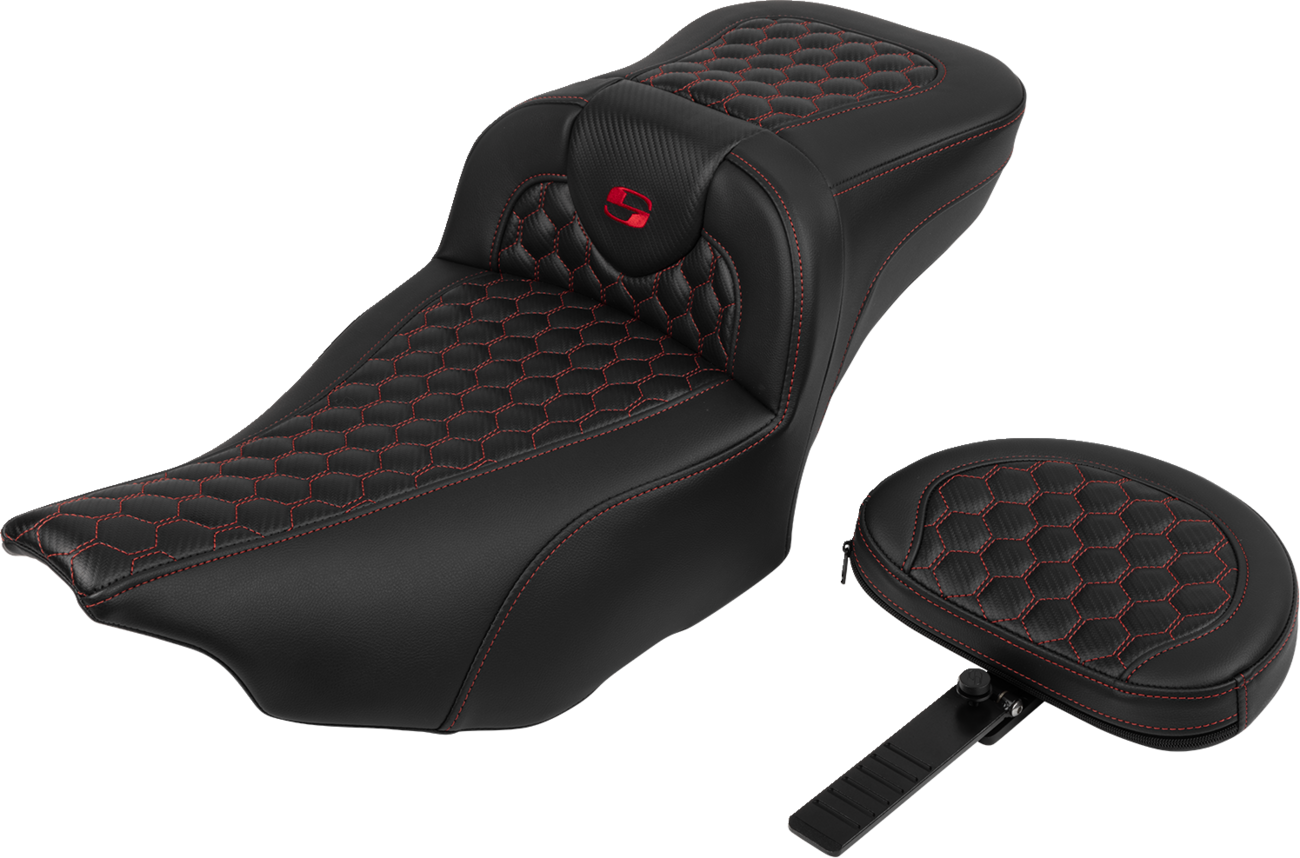 SADDLEMEN Roadsofa™ Extended Reach Seat - with Backrest - Honeycomb - Red Stitch - FLTR/FLHX '23-'24 823-07-190B4