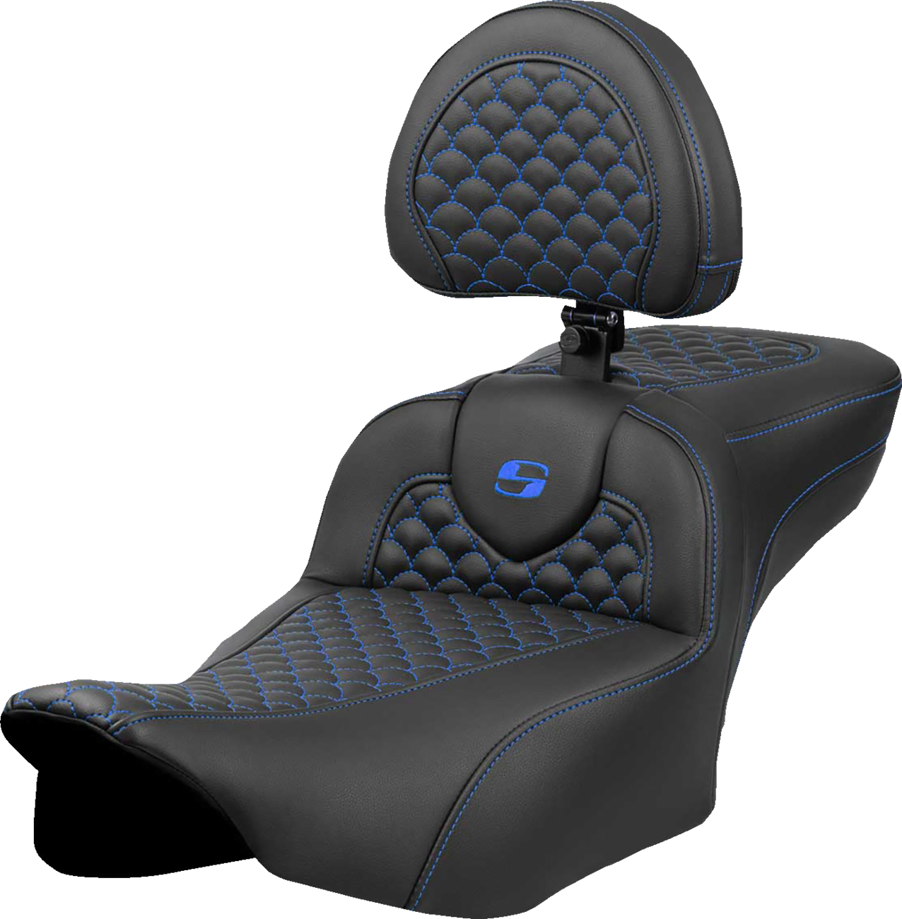 SADDLEMEN Roadsofa™ Extended Reach Seat - Dragon Scale Stitch - Blue Stitch - w/ Backrest - FLTR/FLHX '23-'24 823-07-209B1