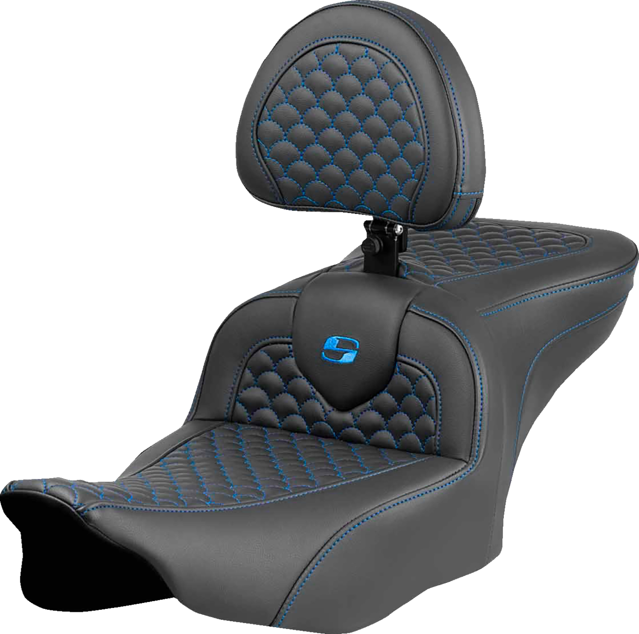 SADDLEMEN Roadsofa™ Seat - Dragon Scale Stitch - Blue Stitch - w/ Backrest - FLTR/FLHX '23-'24 823-07-208B1