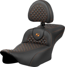 SADDLEMEN Roadsofa™ Extended Reach Seat - Dragon Scale Stitch - Orange Stitch - w/ Backrest - FLT/FLH '23-'24 823-07-209B3