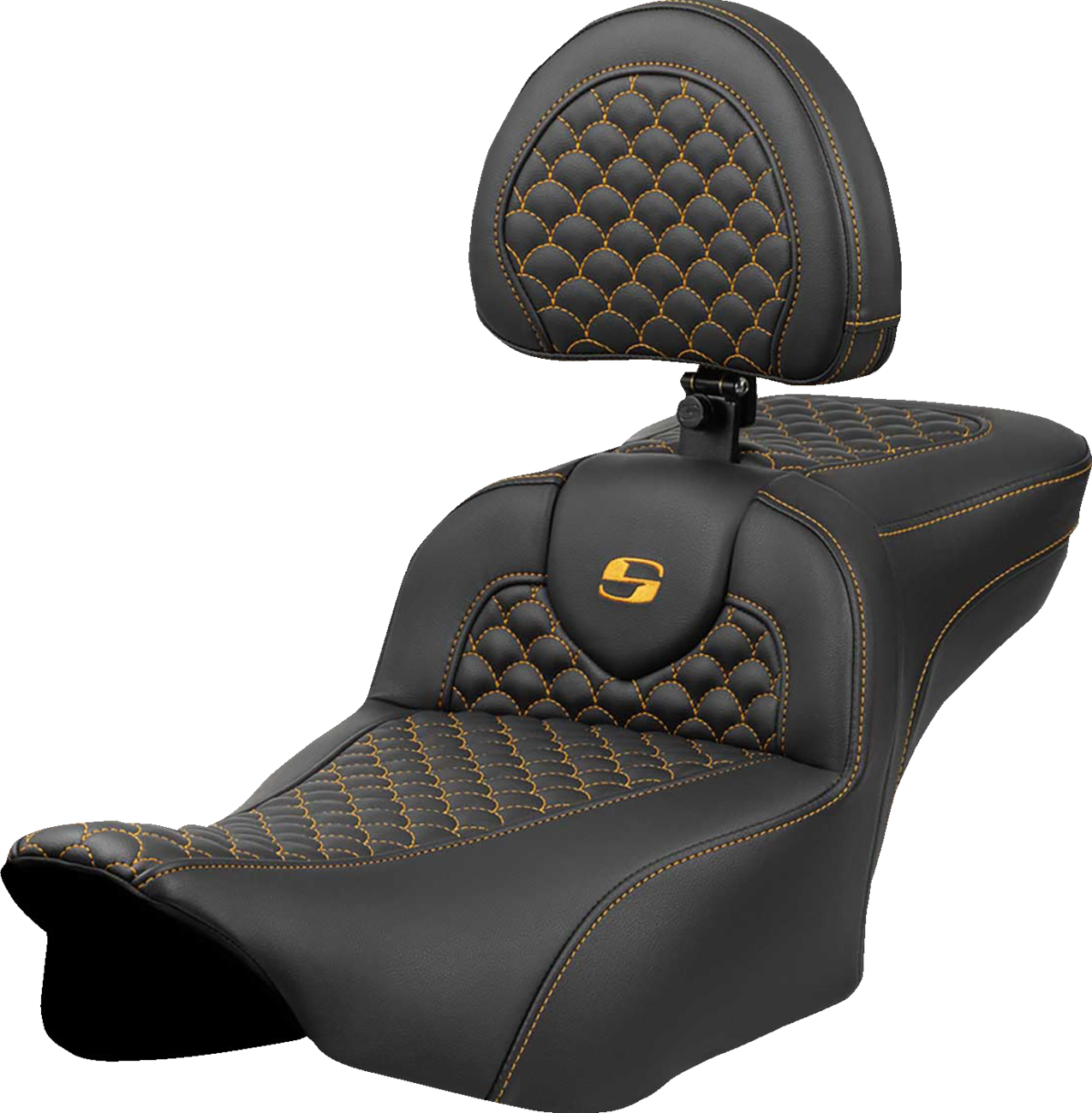 SADDLEMEN Roadsofa™ Extended Reach Seat - Dragon Scale Stitch - Gold Stitch - w/ Backrest - FLTR/FLHX '23-'24 823-07-209B7