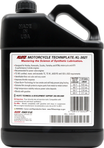 KLOTZ OIL TC-W 3® 2-Stroke Engine Oil - 1 US gallon KL-3021