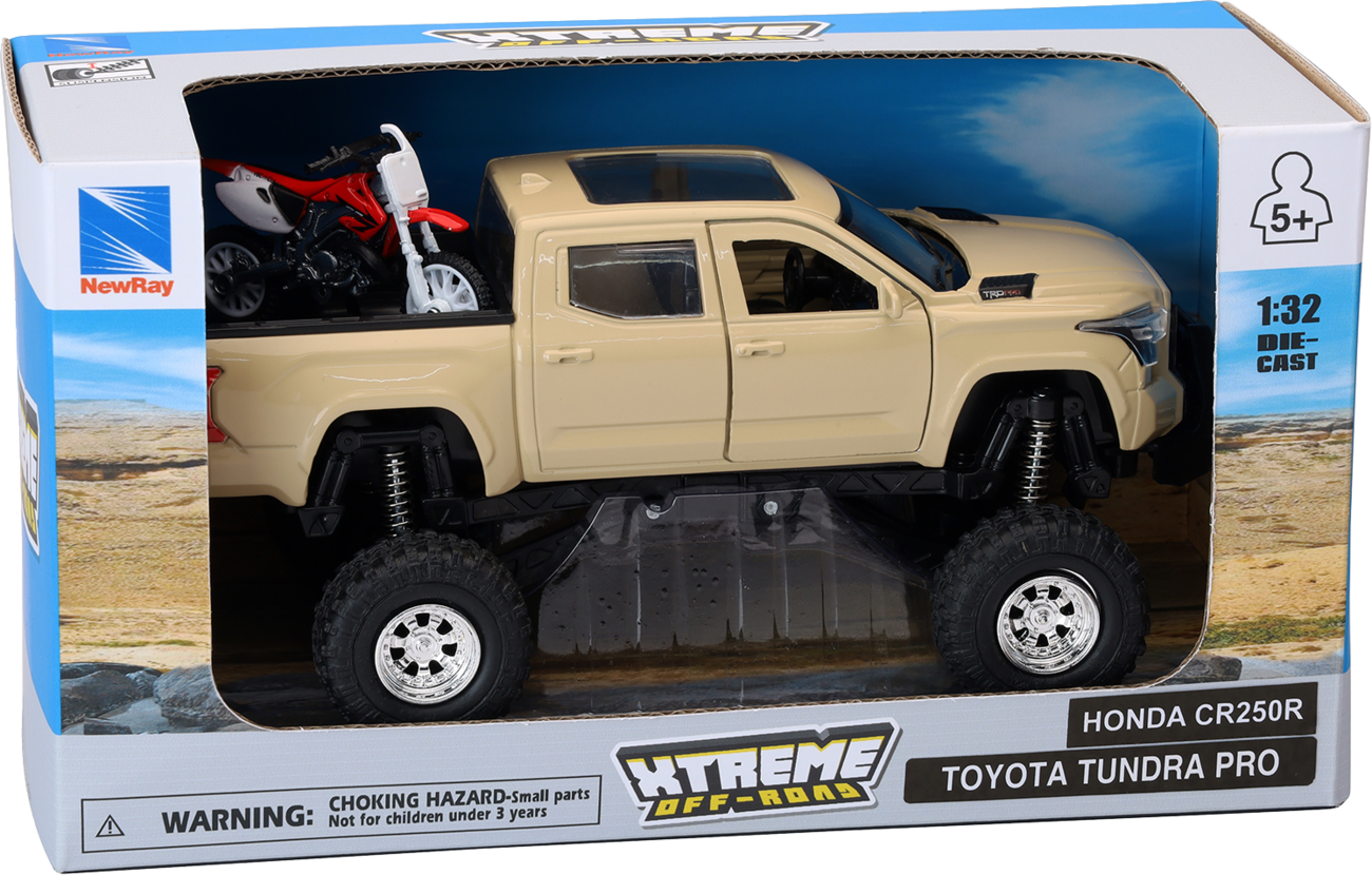 NEW RAY TOYS Toyota Tundra Off Road Pick Up w/ Honda Dirt Bike - 1:32 Scale - Tan/Red SS-54456