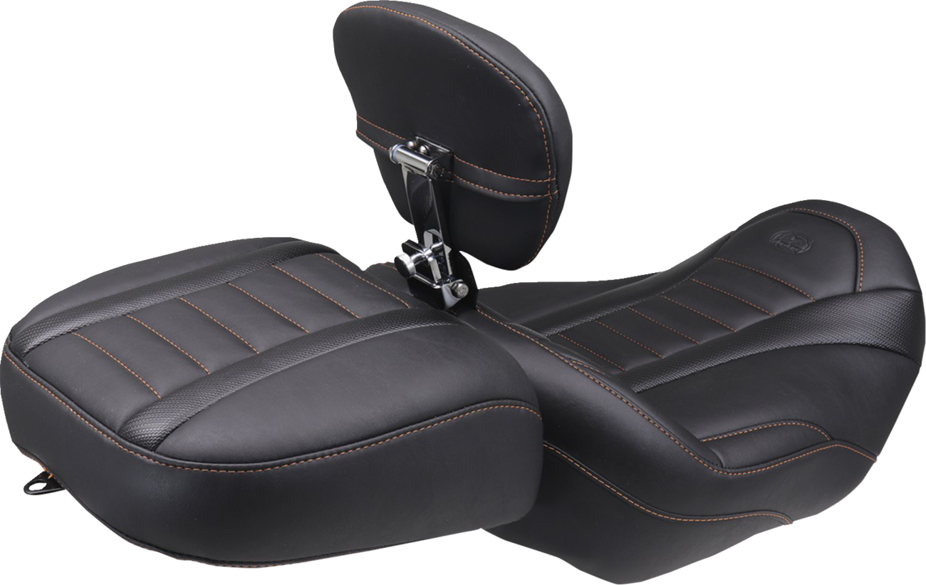 MUSTANG Deluxe Touring Solo Seat - w/ Backrest - Mandarin Orange Stitch - FLT/FLH '23-'25 89401MO