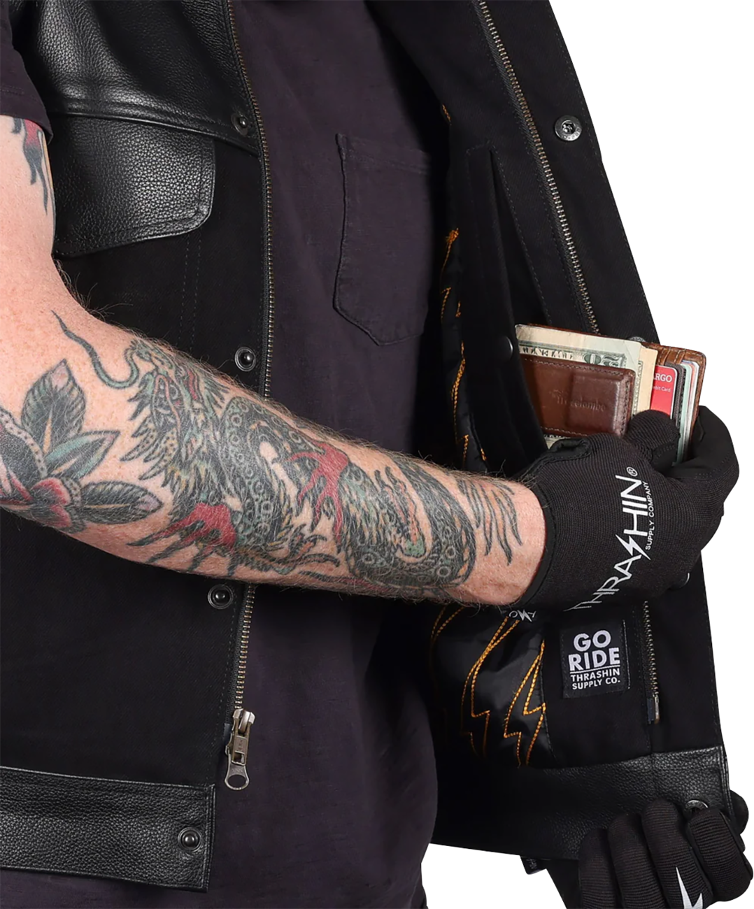 THRASHIN SUPPLY CO. Kanan Leather/Denim Riding Vest - Black - XL TMJ-13-11