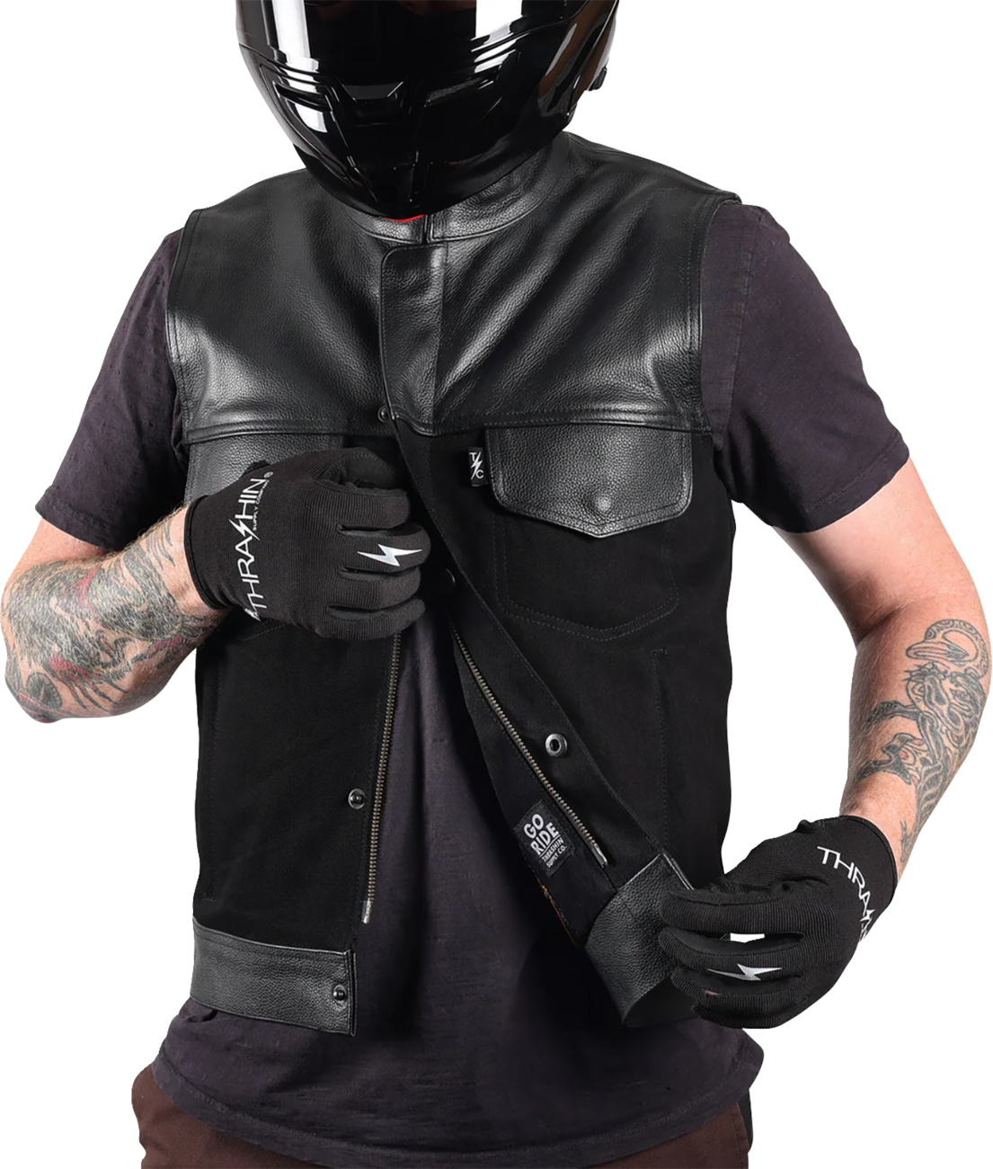 THRASHIN SUPPLY CO. Kanan Leather/Denim Riding Vest - Black - XL TMJ-13-11