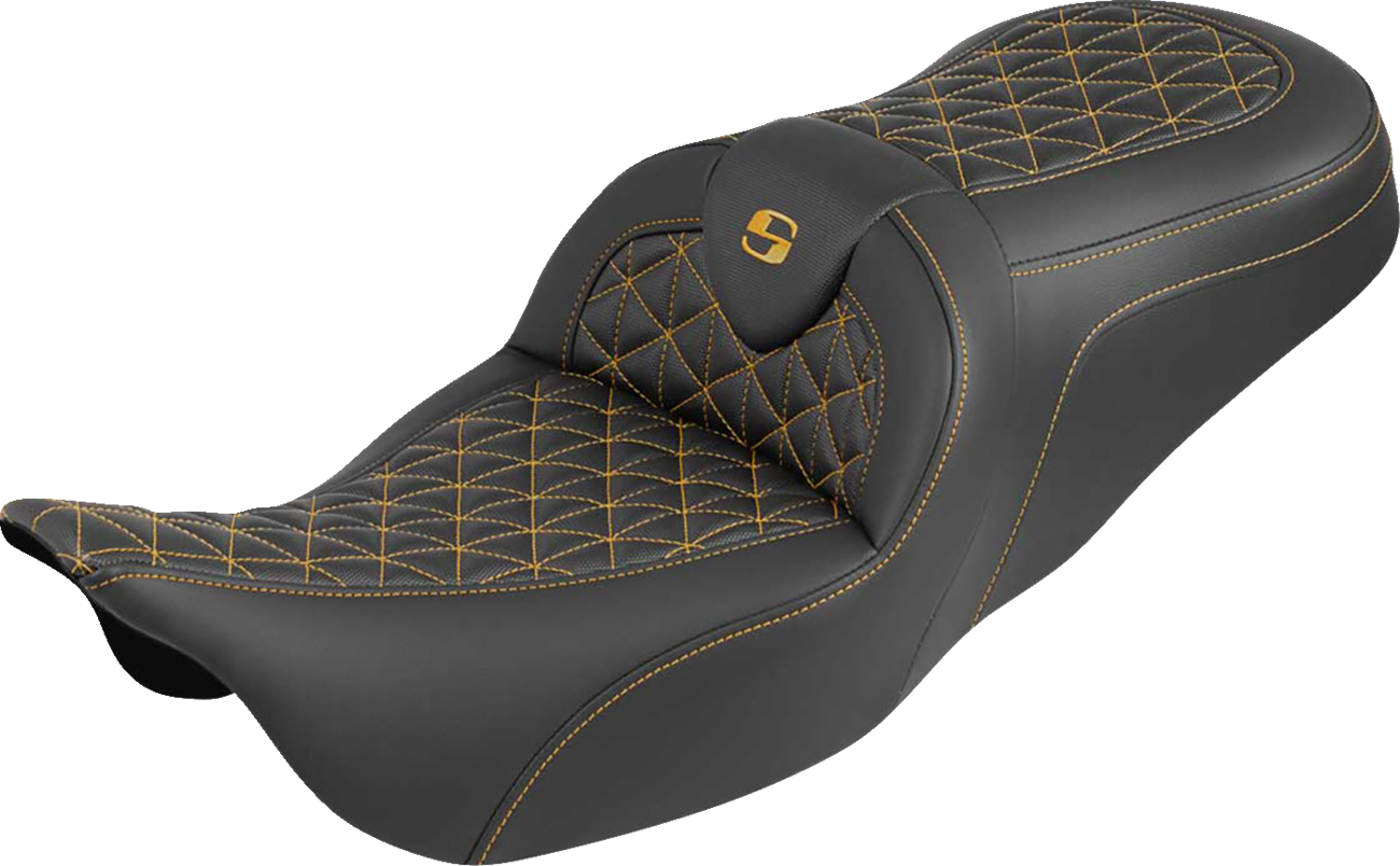 SADDLEMEN RoadSofa™ Tri Gripper Seat - Standard Reach - Gold Stitch - w/o Backrest - FLH/FLT '08-'25 808-07B-21007