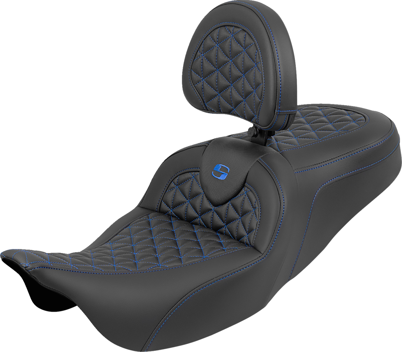 SADDLEMEN RoadSofa™ Tri Gripper Seat - Standard Reach - Blue Stitch - w/ Backrest - FLH/FLT '08-'25 808-07B-210B1