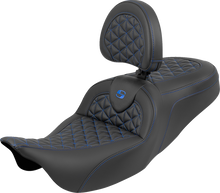 SADDLEMEN RoadSofa™ Tri Gripper Seat - Standard Reach - Blue Stitch - w/ Backrest - FLH/FLT '08-'25 808-07B-210B1